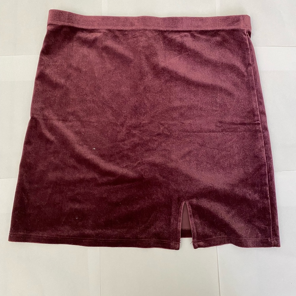 Burgundy Velvet Forever 21 mini skirt with slit.